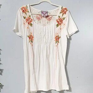 Johnny Was Boho Peasant White & Peach Floral Embroidered Tunic Size M